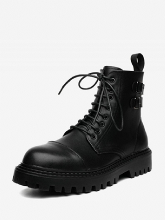 Botas Trabalho Masculinas Combate Couro Pu Preto Com Bico Redondo