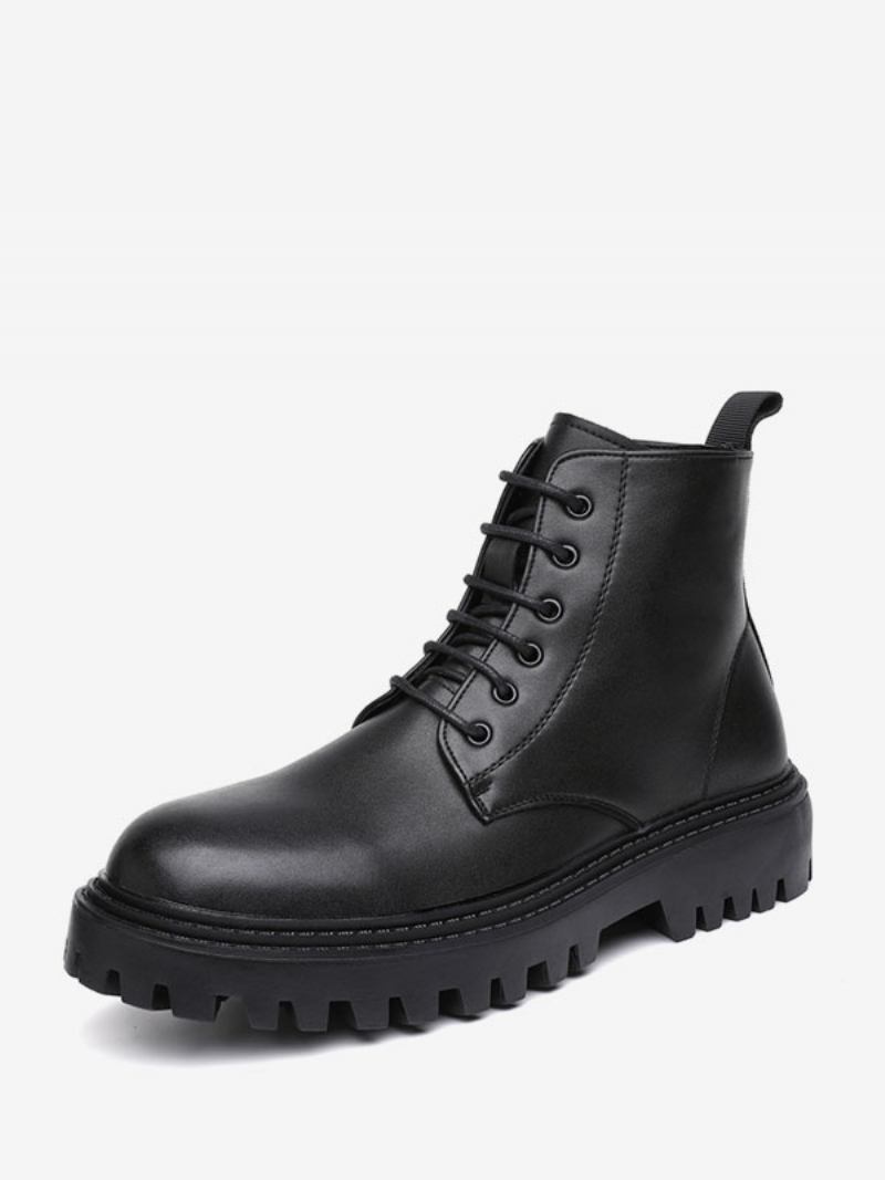 Botas Trabalho Masculinas Combate Couro Pu Preto Com Bico Redondo