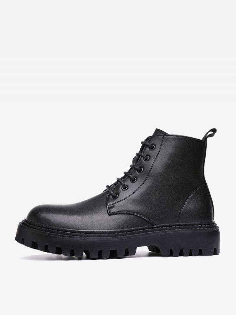 Botas Trabalho Masculinas Combate Couro Pu Preto Com Bico Redondo - Preto