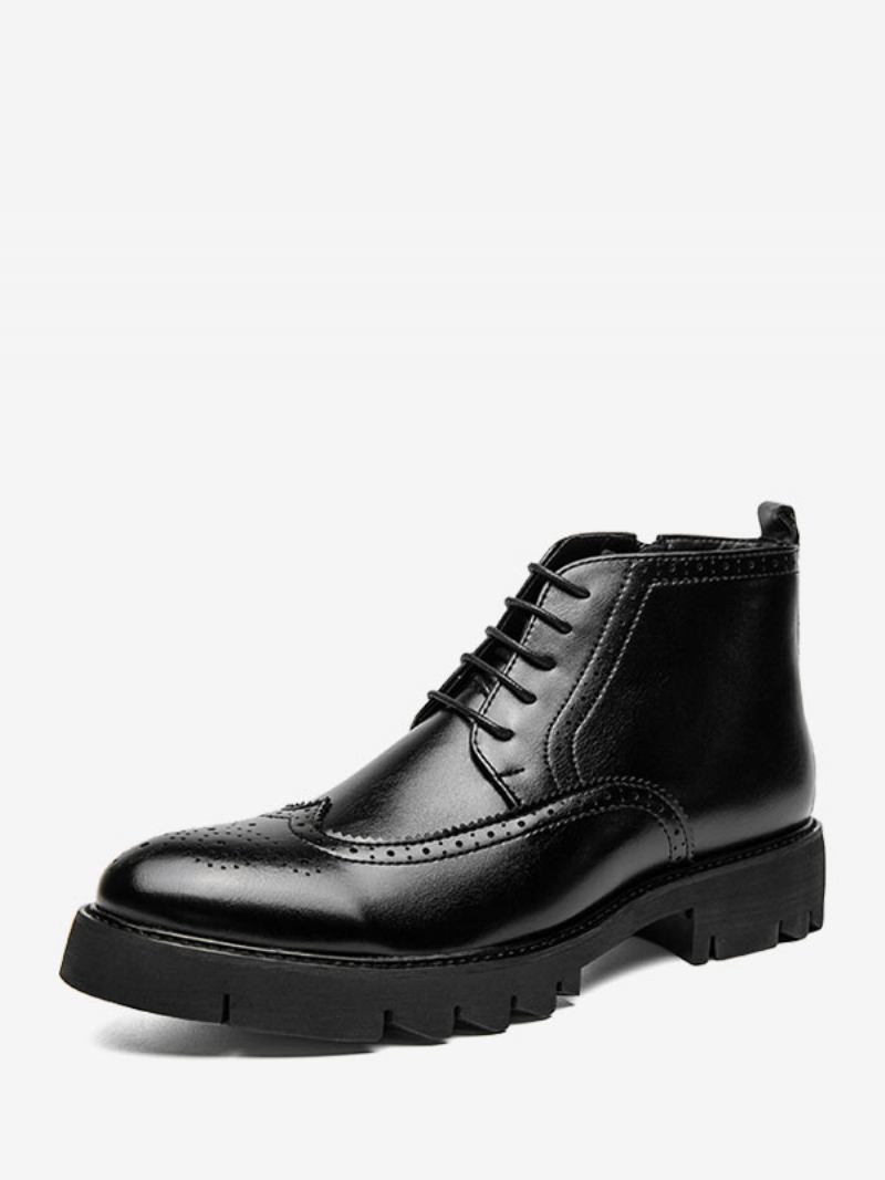 Botas Trabalho Masculinas Combate Couro Pu Preto Com Bico Redondo - Preto