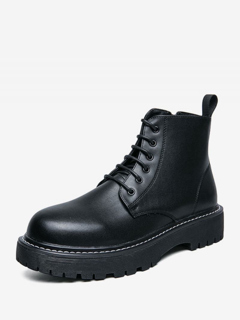 Botas Trabalho Masculinas Combate Couro Pu Preto Com Bico Redondo