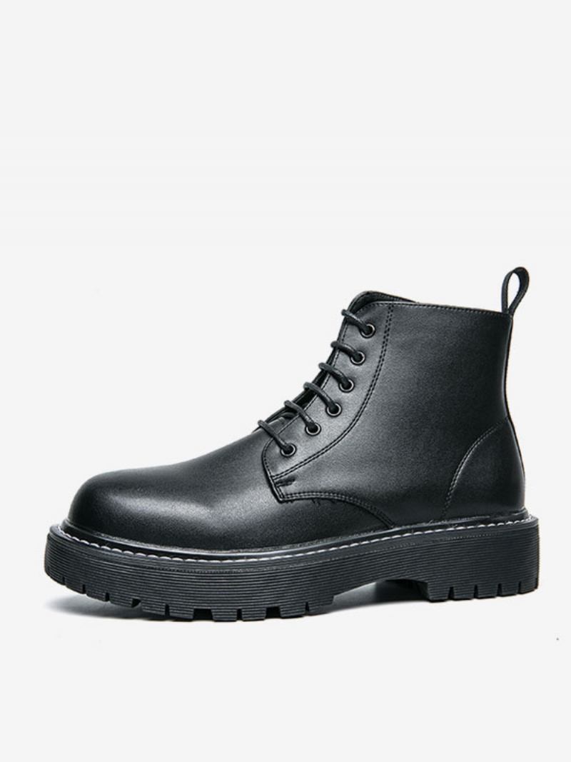 Botas Trabalho Masculinas Combate Couro Pu Preto Com Bico Redondo - Preto