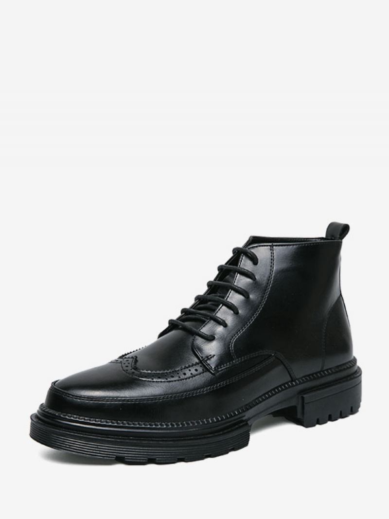 Botas Trabalho Masculinas Combate Couro Pu Preto Com Bico Redondo - Preto