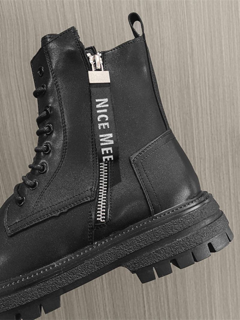 Botas Trabalho Masculinas Combate Couro Pu Preto Com Bico Redondo - Preto