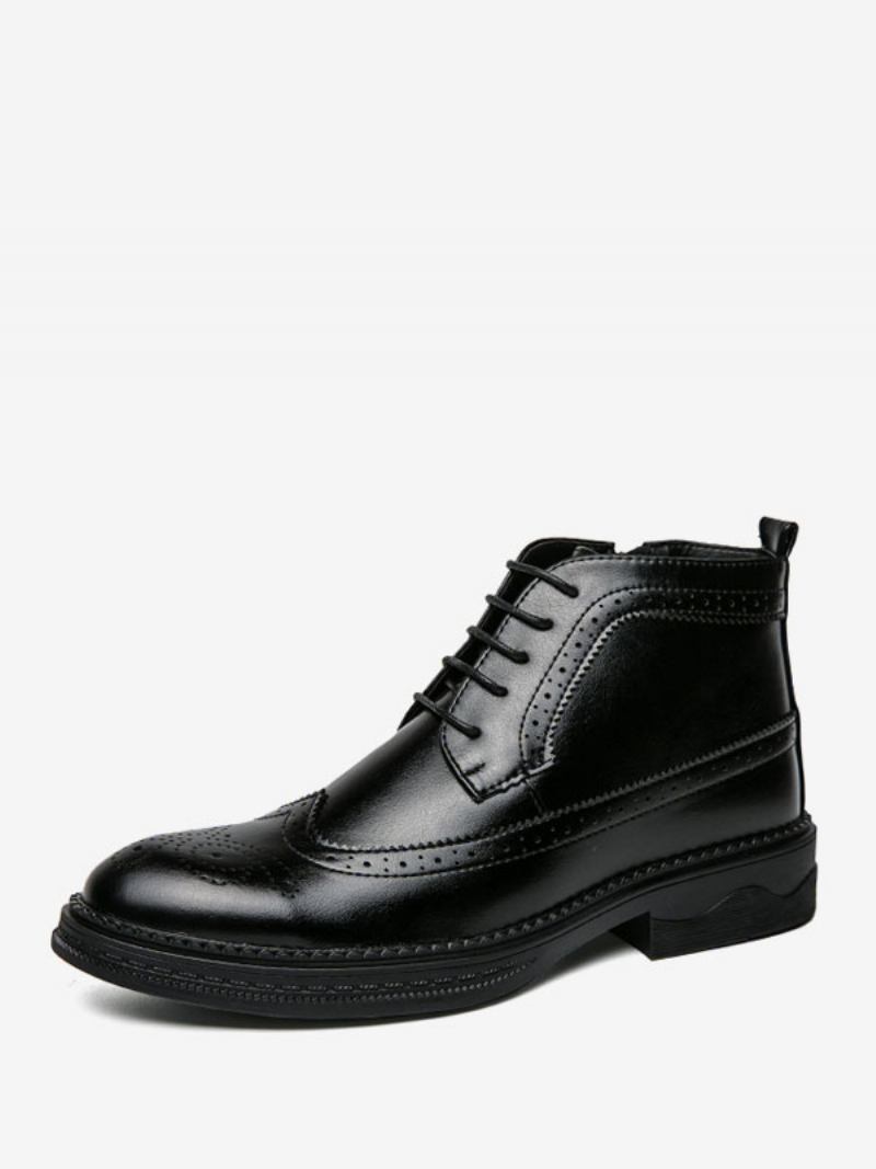 Botas Trabalho Masculinas Combate Couro Pu Preto Com Bico Redondo - Preto