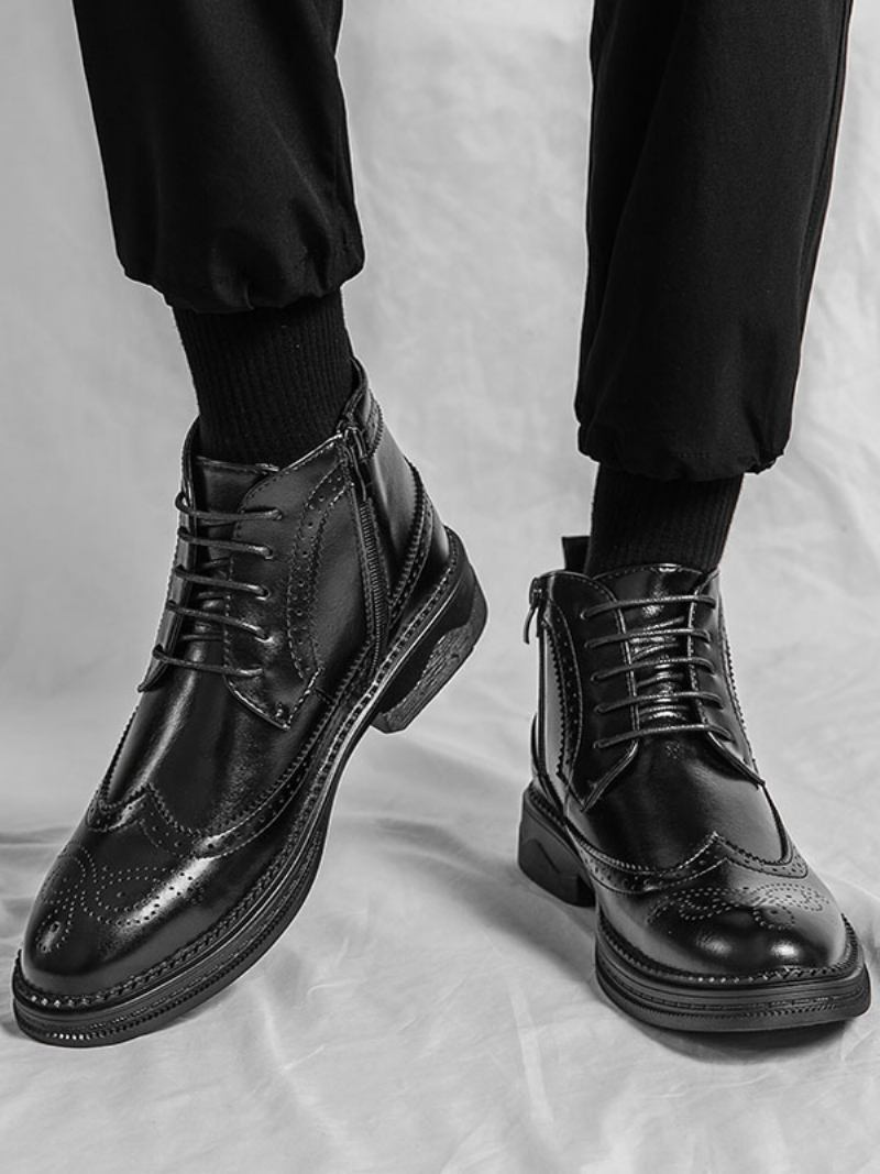 Botas Trabalho Masculinas Combate Couro Pu Preto Com Bico Redondo - Preto