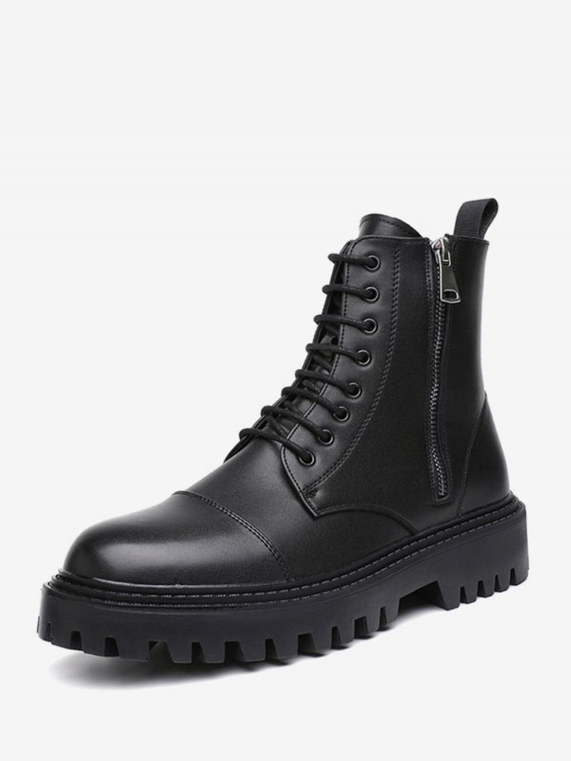 Botas Trabalho Masculinas Combate Couro Pu Preto Com Bico Redondo