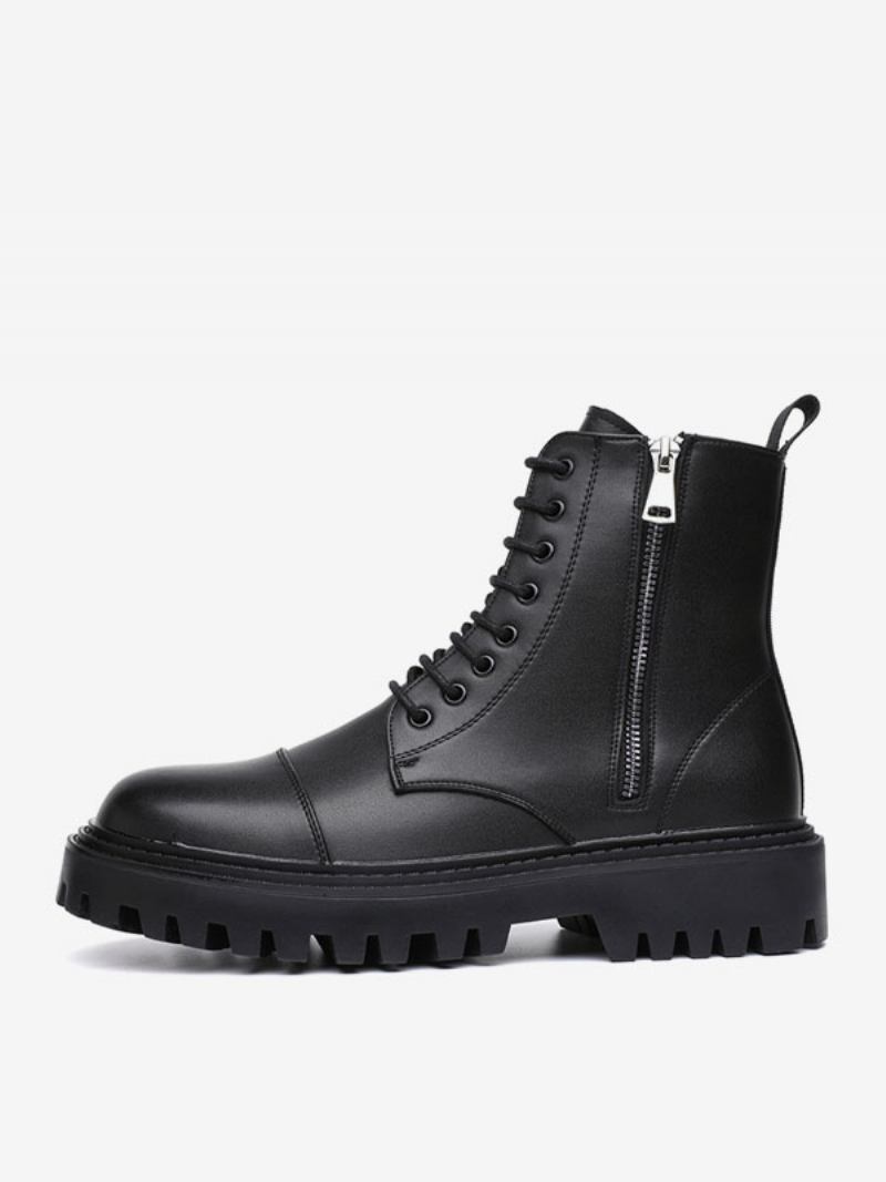 Botas Trabalho Masculinas Combate Couro Pu Preto Com Bico Redondo - Preto