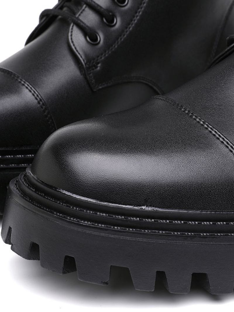 Botas Trabalho Masculinas Combate Couro Pu Preto Com Bico Redondo - Preto