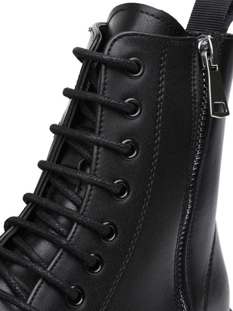 Botas Trabalho Masculinas Combate Couro Pu Preto Com Bico Redondo - Preto