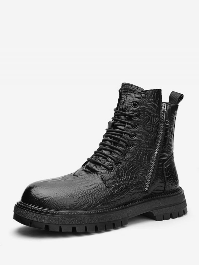 Botas Trabalho Masculinas Combate Couro Pu Preto Com Bico Redondo