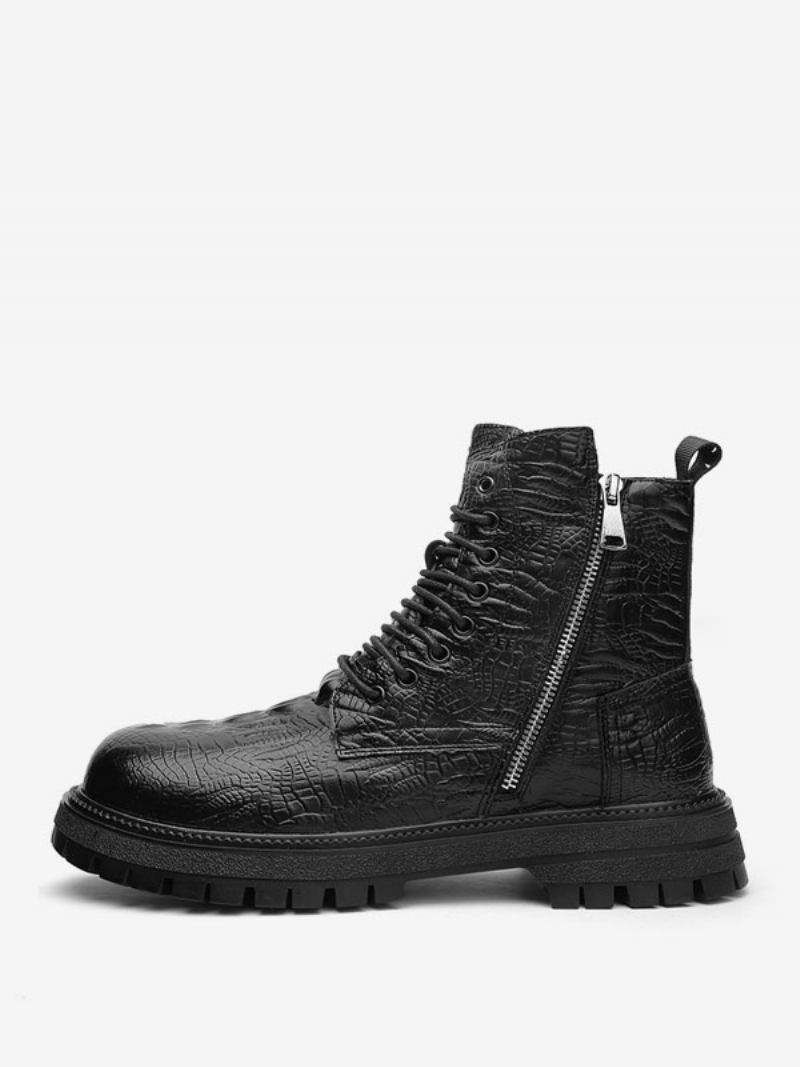 Botas Trabalho Masculinas Combate Couro Pu Preto Com Bico Redondo - Preto