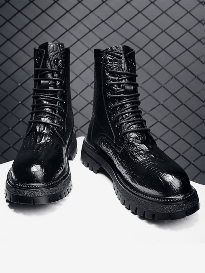 Botas Trabalho Masculinas Combate Couro Pu Preto Com Bico Redondo - Preto