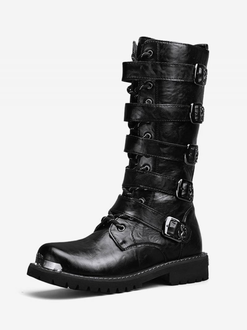 Botas Trabalho Masculinas Couro Pu Bico Redondo Combate Com Fivelas Cano Alto Steampunk Cadarço