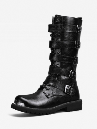 Botas Trabalho Masculinas Couro Pu Bico Redondo Combate Com Fivelas Cano Alto Steampunk Cadarço