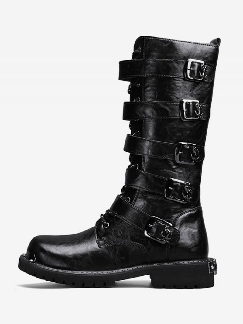 Botas Trabalho Masculinas Couro Pu Bico Redondo Combate Com Fivelas Cano Alto Steampunk Cadarço - Preto