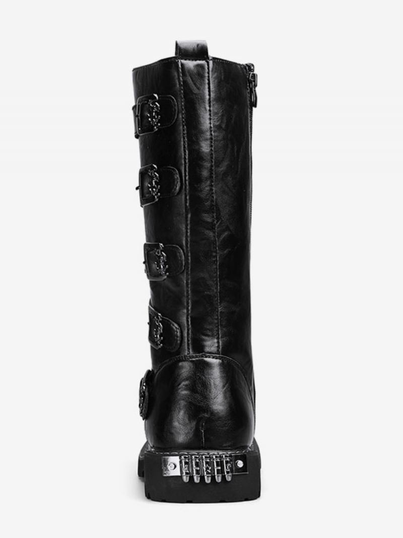 Botas Trabalho Masculinas Couro Pu Bico Redondo Combate Com Fivelas Cano Alto Steampunk Cadarço - Preto