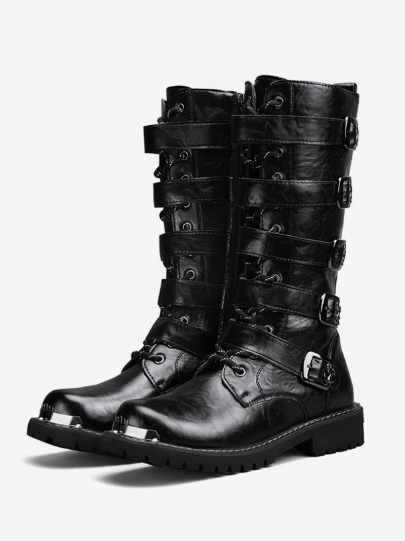 Botas Trabalho Masculinas Couro Pu Bico Redondo Combate Com Fivelas Cano Alto Steampunk Cadarço - Preto