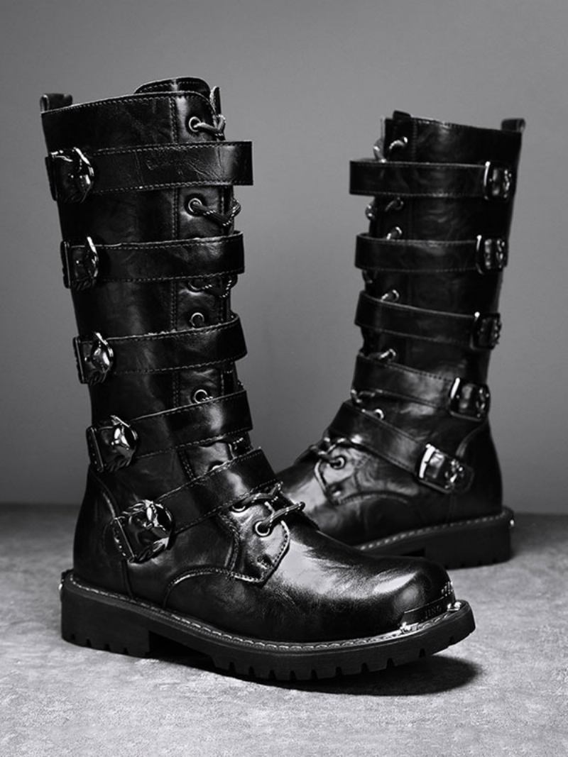 Botas Trabalho Masculinas Couro Pu Bico Redondo Combate Com Fivelas Cano Alto Steampunk Cadarço - Preto