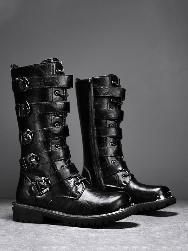 Botas Trabalho Masculinas Couro Pu Bico Redondo Combate Com Fivelas Cano Alto Steampunk Cadarço - Preto