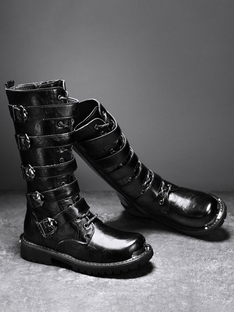 Botas Trabalho Masculinas Couro Pu Bico Redondo Combate Com Fivelas Cano Alto Steampunk Cadarço - Preto