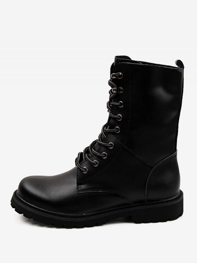 Botas Trabalho Masculinas Couro Pu Com Cadarço E Bico Redondo Combate Fivelas Meia Panturrilha - Preto