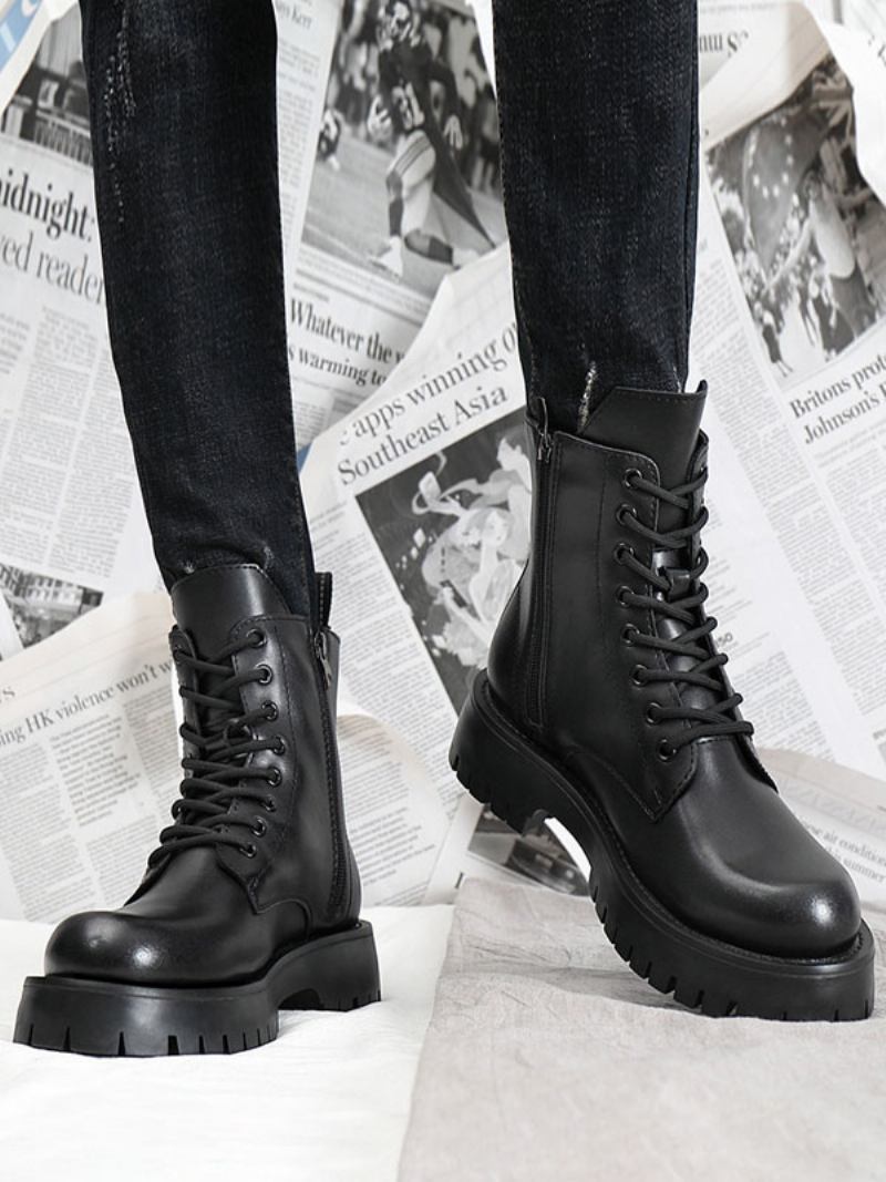 Botas Trabalho Masculinas Estilo Motocicleta Em Couro Pu Preto - Preto