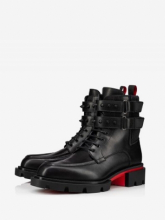 Lug Combat Masculino Preto Fivela Rebites Sole Duas Tiras Spikes Militar Lace Up Botins