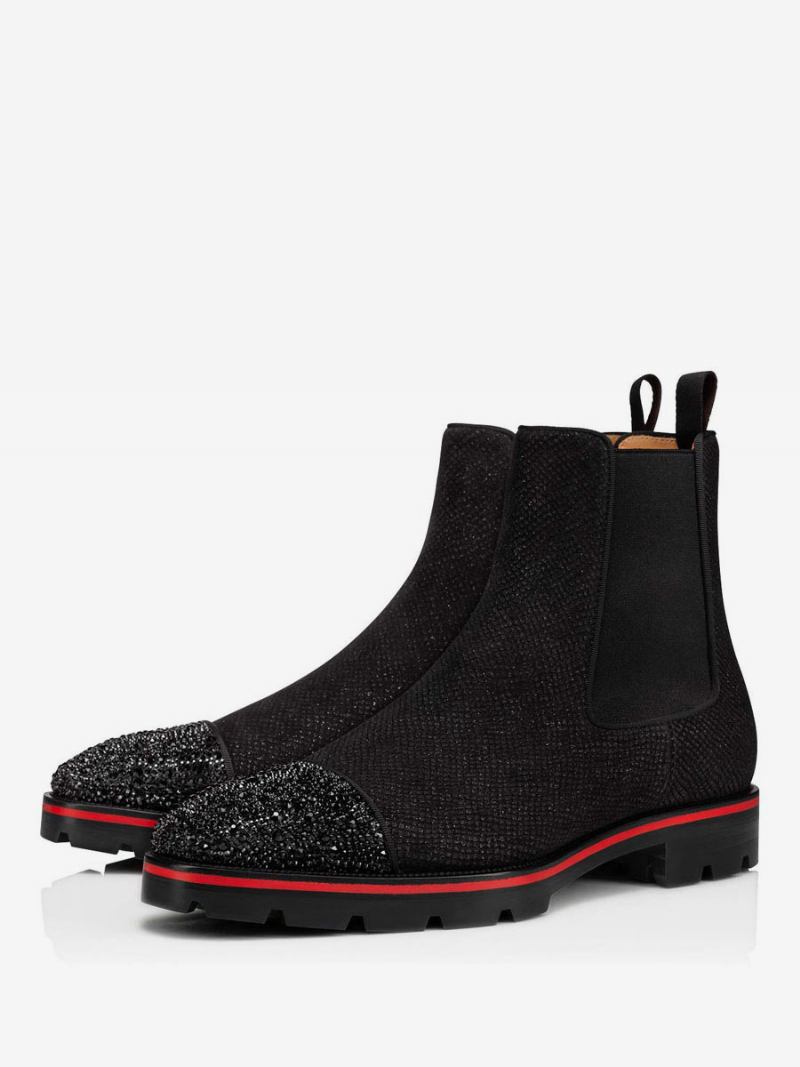 Vestido Masculino Texturizado Com Glitter Quadrado Abas Laterais Elásticas Camurça Preta Strass Brilhante Botas Chelsea