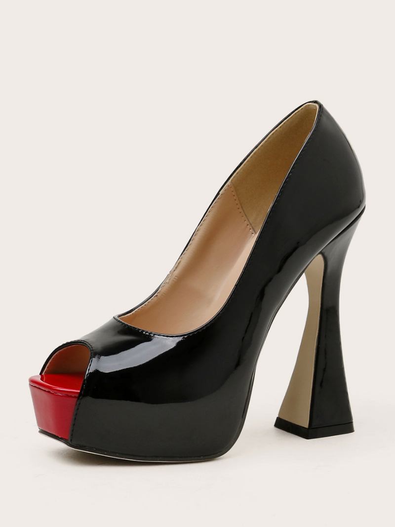 Bombas Femininas Salto Grosso Com Plataforma Peep Toe Pretas