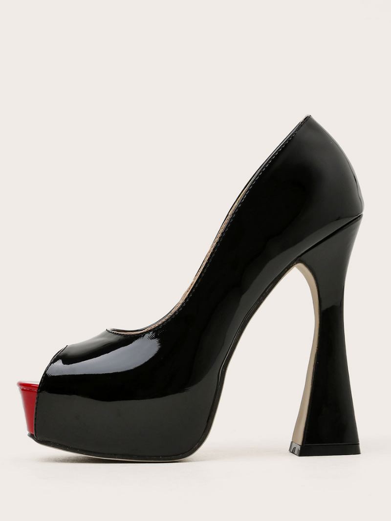 Bombas Femininas Salto Grosso Com Plataforma Peep Toe Pretas - Preto