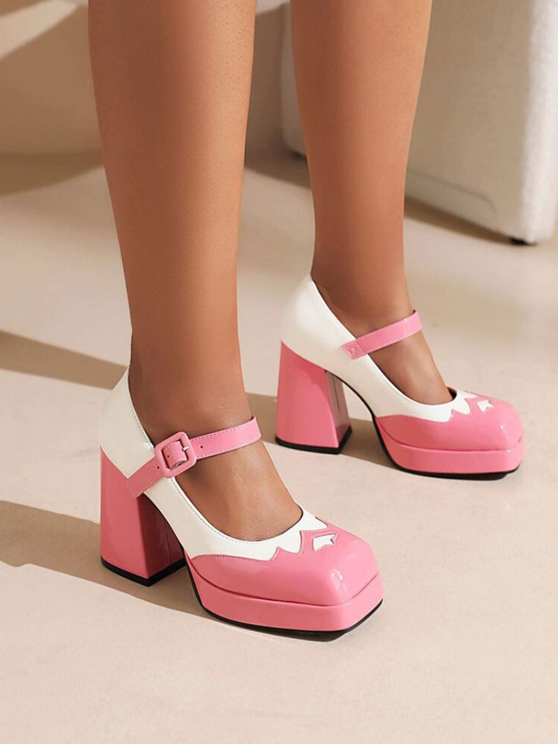 Bombas Femininas Salto Grosso Mary Jane Com Plataforma Dois Tons - Rosa