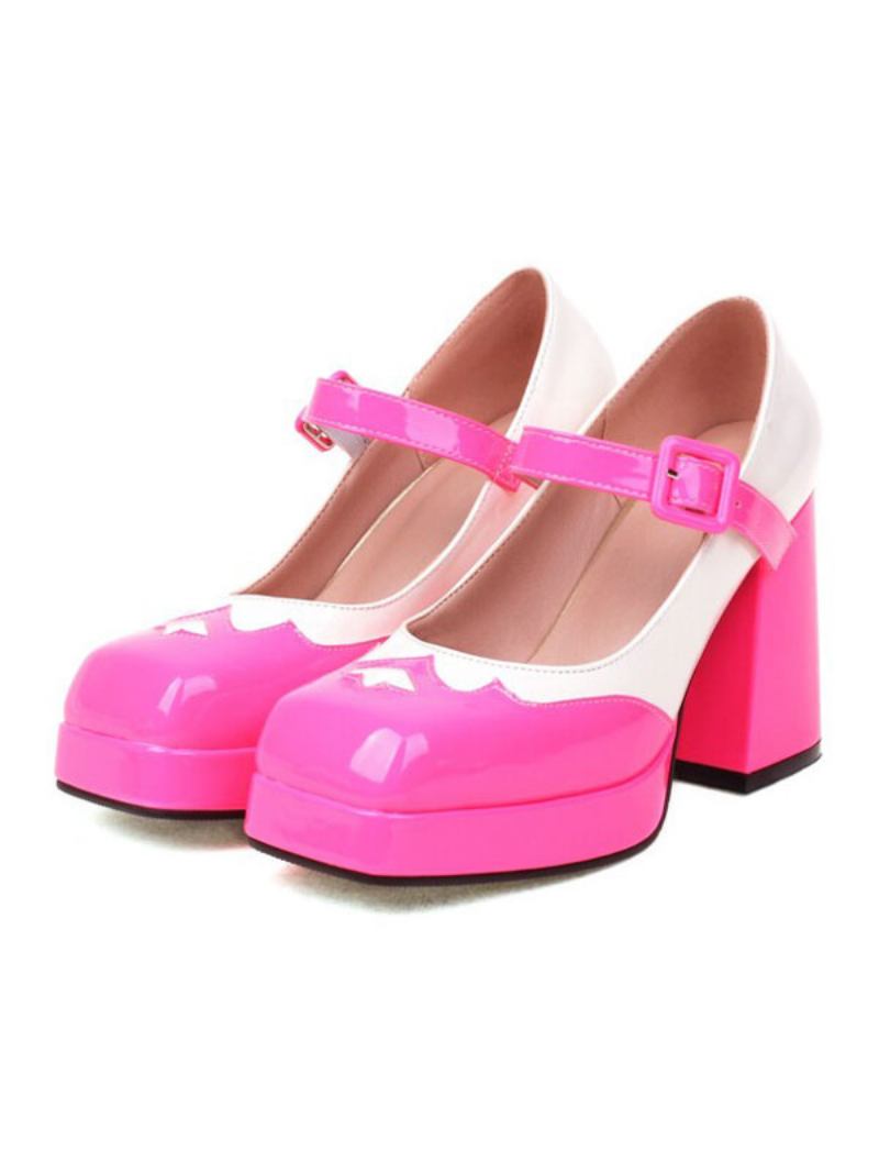 Bombas Femininas Salto Grosso Mary Jane Com Plataforma Dois Tons - Rosa