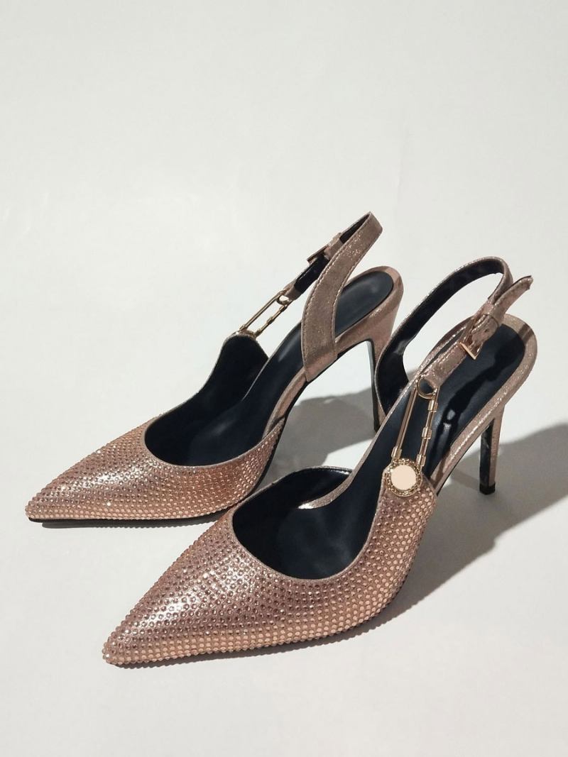 Bombas Femininas Slingback Dedo Apontado Strass Corrente Detalhe Sapatos Festa Salto Alto - Ouro