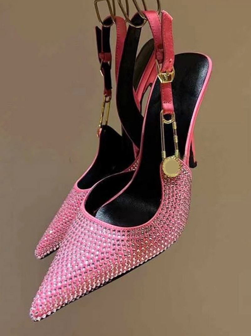 Bombas Femininas Slingback Dedo Apontado Strass Corrente Detalhe Sapatos Festa Salto Alto - Rosa