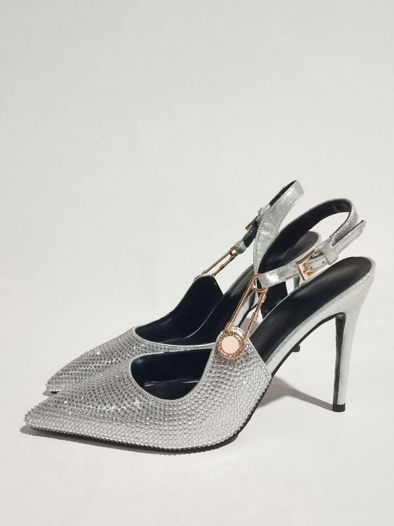 Bombas Femininas Slingback Dedo Apontado Strass Corrente Detalhe Sapatos Festa Salto Alto - Prata