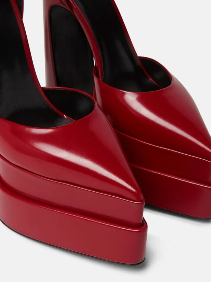 Bombas Plataforma Feminina Vermelho Apontou Toe Fivela Fixação Tornozelo Cinta Salto Alto Bloco - Vermelho