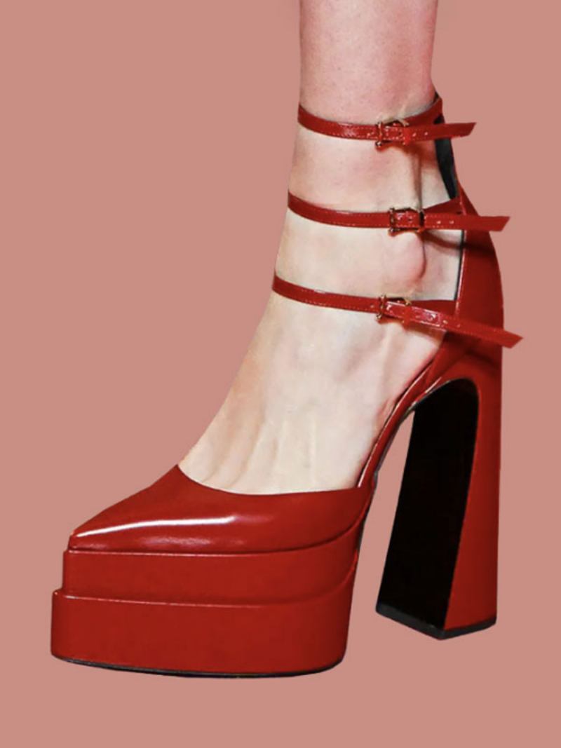 Bombas Plataforma Feminina Vermelho Apontou Toe Fivela Fixação Tornozelo Cinta Salto Alto Bloco - Vermelho