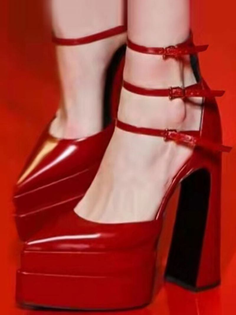 Bombas Plataforma Feminina Vermelho Apontou Toe Fivela Fixação Tornozelo Cinta Salto Alto Bloco - Vermelho