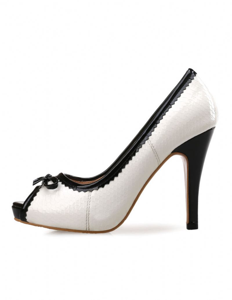 Bombas Salto Agulha Com Plataforma Branca Peep Toe Laço Para Mulheres - Branco