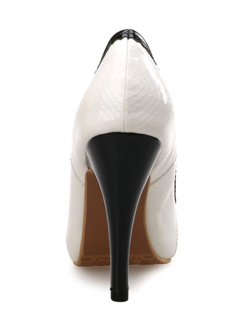 Bombas Salto Agulha Com Plataforma Branca Peep Toe Laço Para Mulheres - Branco