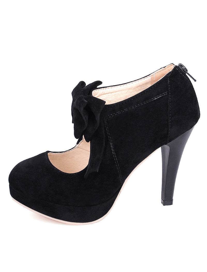 Feminino Preto Vintage Salto Plataforma Bico Redondo Gravata Borboleta Mary Jane Bombas Alto - Preto