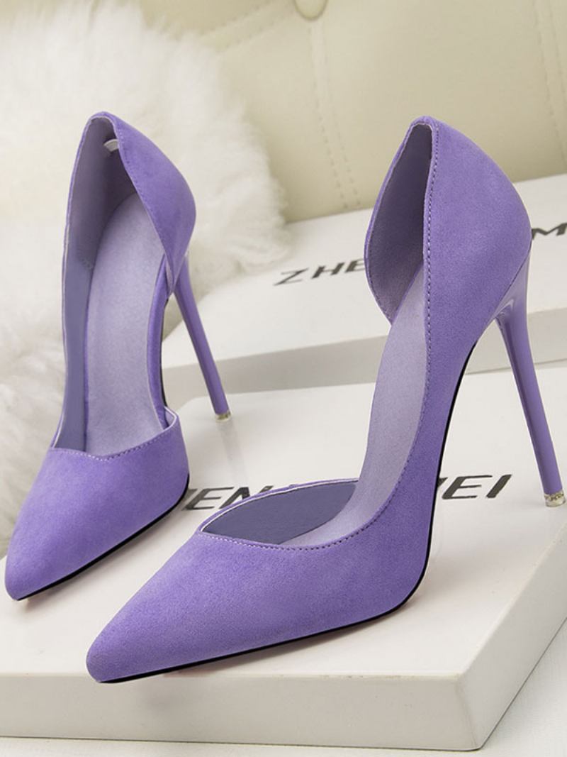 Mulher Salto Alto Bico Fino Stiletto Chique Camurça Couro Azul Real Sexy - Roxo