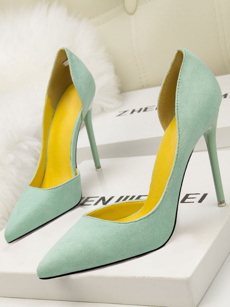 Mulher Salto Alto Bico Fino Stiletto Chique Camurça Couro Azul Real Sexy - Verde