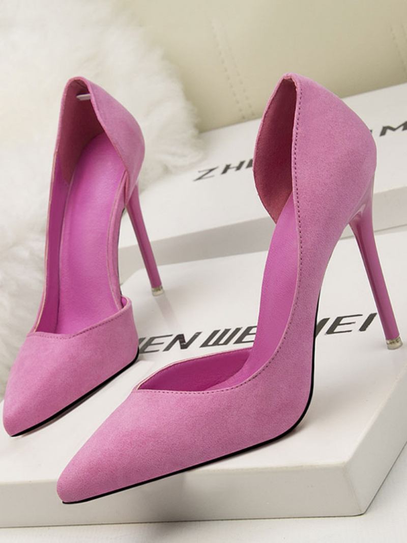 Mulher Salto Alto Bico Fino Stiletto Chique Camurça Couro Azul Real Sexy - Rosa