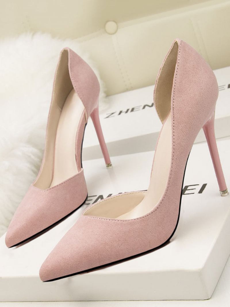 Mulher Salto Alto Bico Fino Stiletto Chique Camurça Couro Azul Real Sexy - Rosa