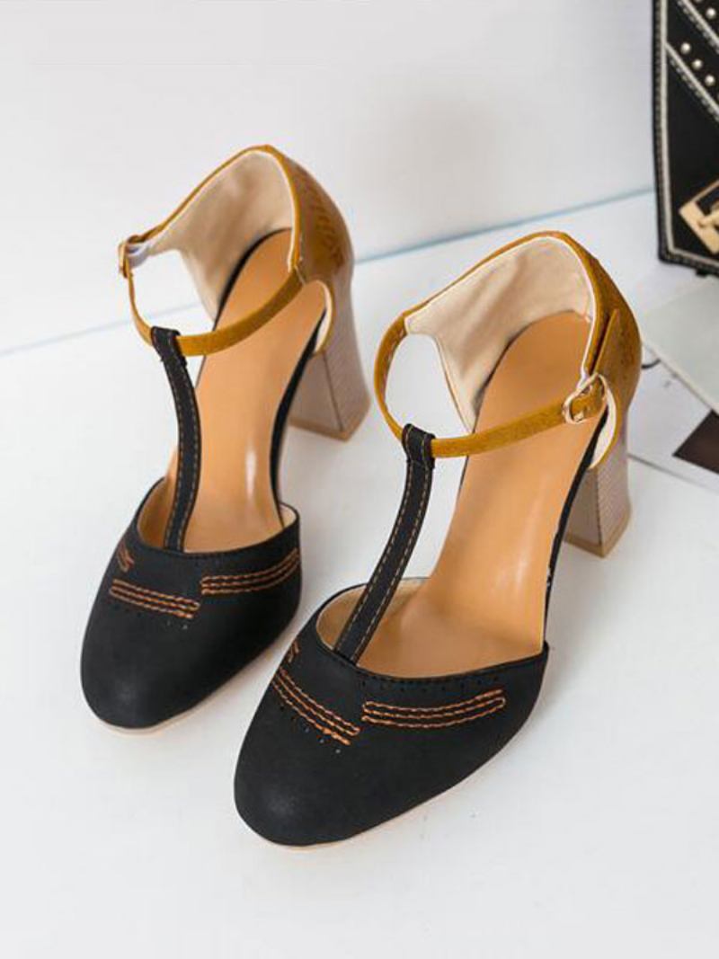 Mulheres Cinza T Strap Heels Round Toe Bombas Salto Grosso - Preto