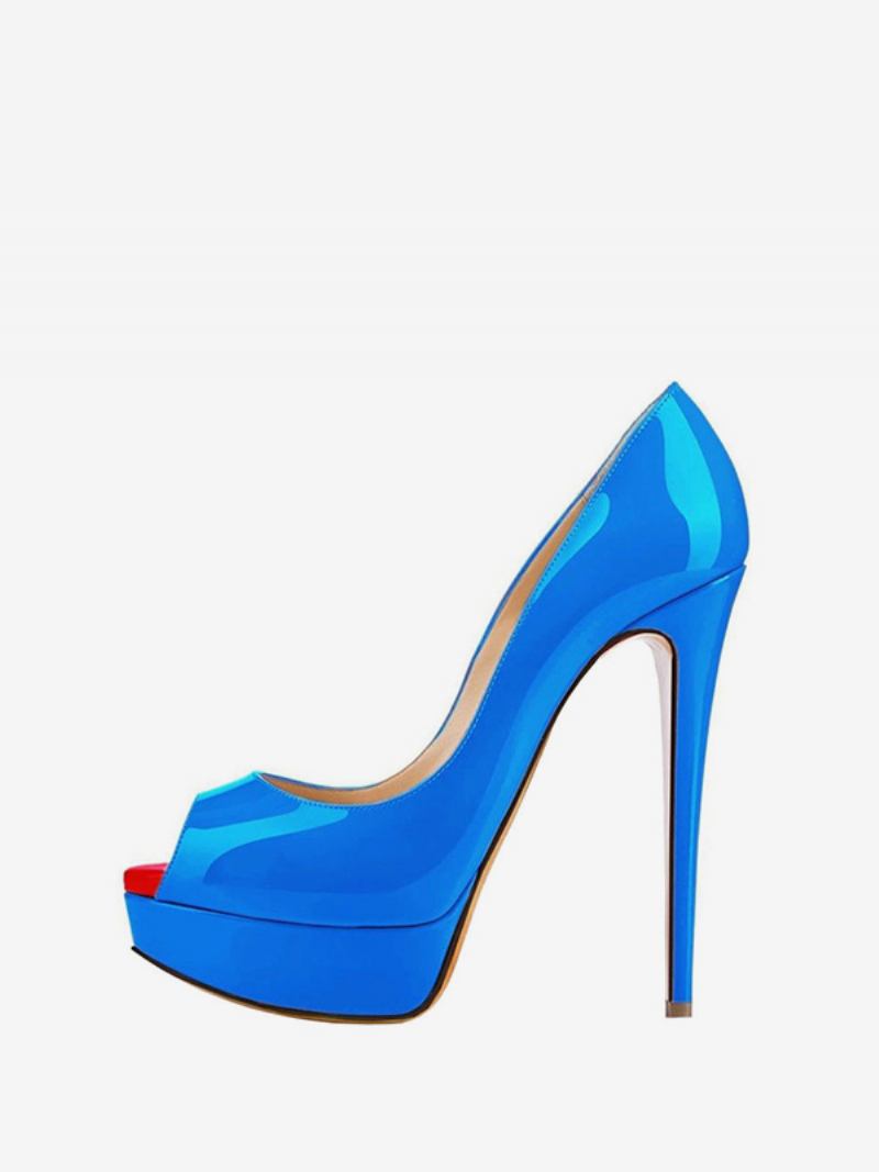 Mulheres Plataforma Peep Toe Saltos Couro Envernizado Salto Agulha Sexy Bombas Festa - Azul