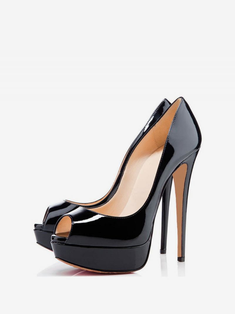 Mulheres Plataforma Peep Toe Saltos Couro Envernizado Salto Agulha Sexy Bombas Festa - Preto