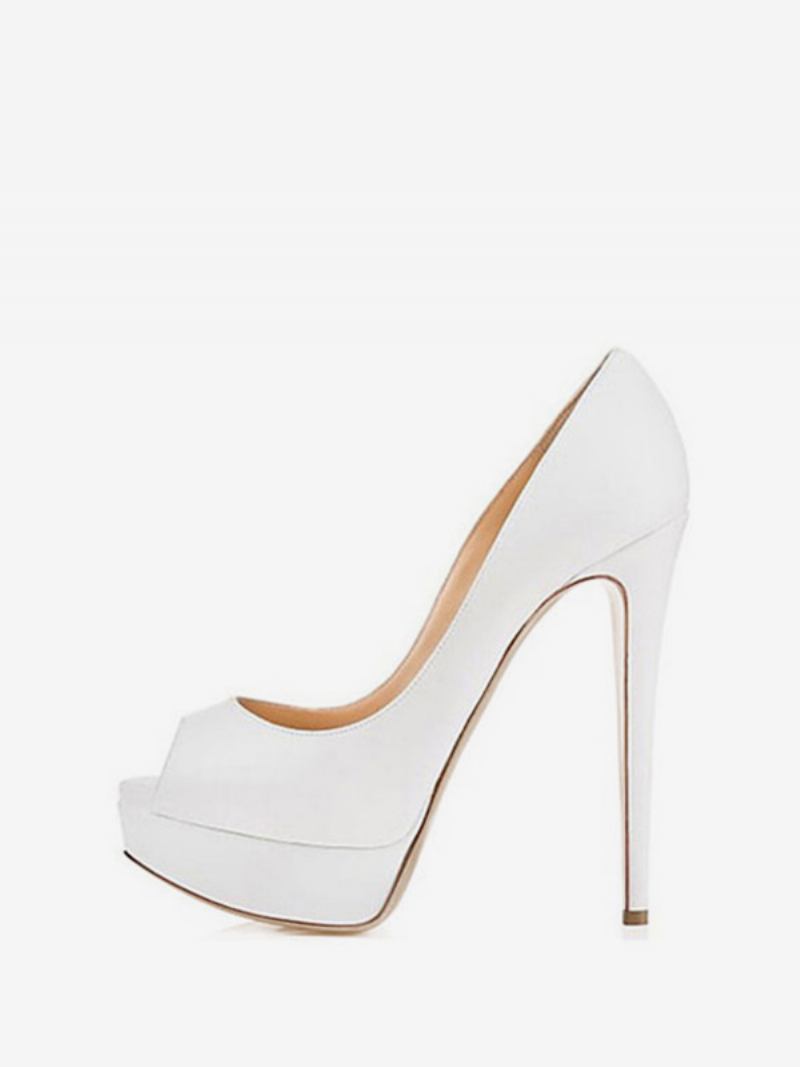 Mulheres Plataforma Peep Toe Saltos Couro Envernizado Salto Agulha Sexy Bombas Festa - Branco